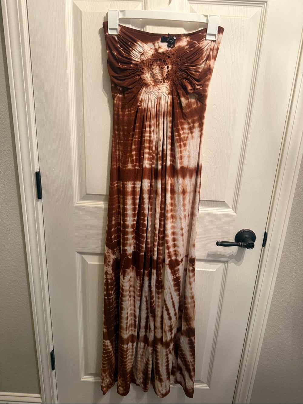 Sky Brown and White Tie-Dye Strapless Maxi Dress